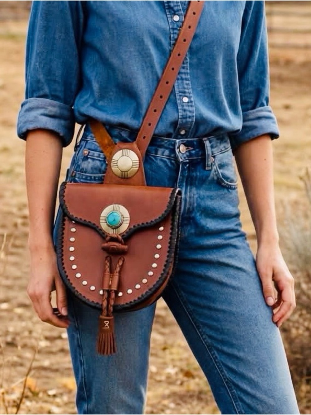 Western Belt Bag Saddlebag Crossbody Bag Leather Turquoise Stone